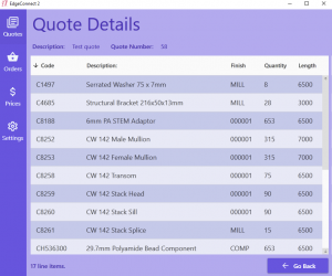 quote details for online ordering system in EDGE V.6.